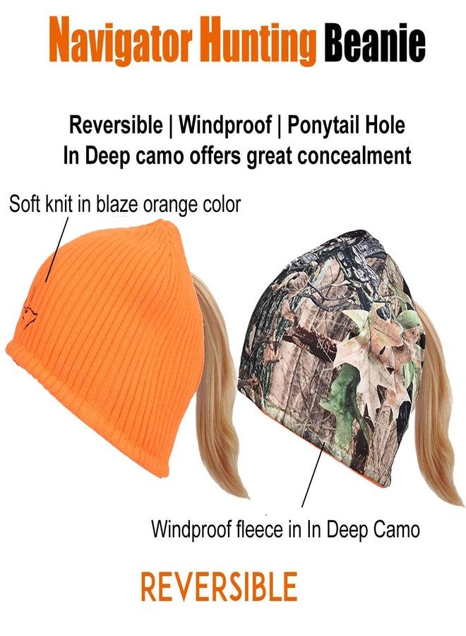 EDTREK Womens Performance Reversible Ponytail Beanie - Windproof Fleece Winter Hat for Hiking Hunting Fishing (Blaze Orange-in Deep Camo) - Image 4